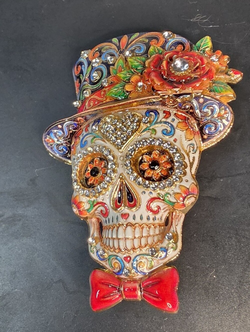 Decorative Sugar Skull Brooch with Red Bow